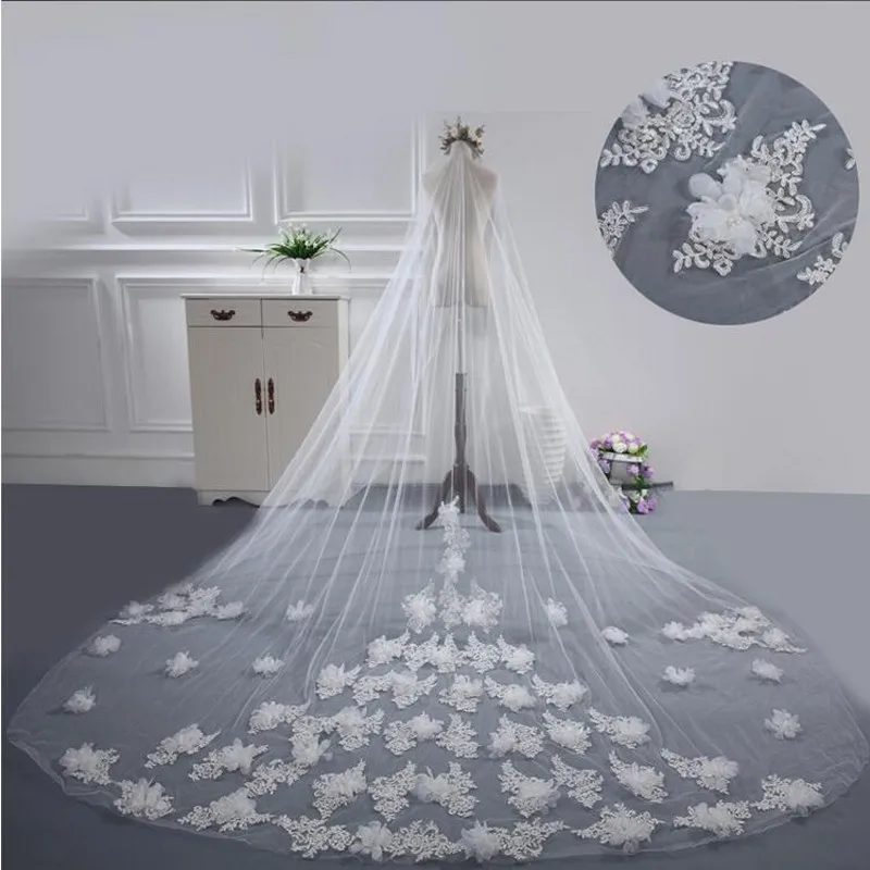 Bridal Veils 3m Cathedral Long Bride Veil Lace Wedding Bridal Veil 3 Meters Bridal Veils With Appliques Edge