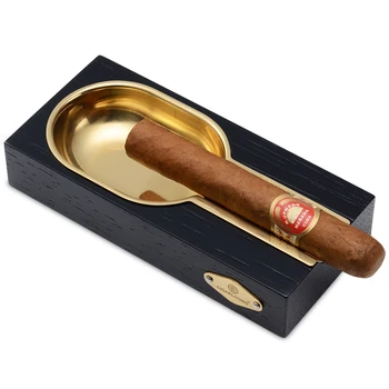 

Luxury Spoon Shaped Metal Groove Merbau Wood Black&Brown Cigar Ashtray with one Stainless Steel Rests