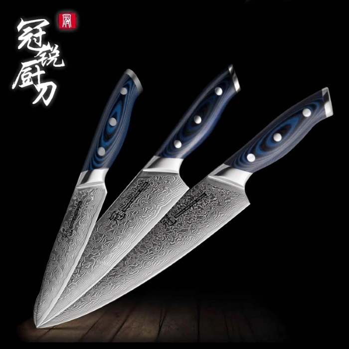 Дамасские поварские ножи vg10 японский дамасский кухонный нож из нержавеющей стали синий G10 Ручка Профессиональные кухонные инструменты Подарочная коробка - Цвет: 3 pcs gift set