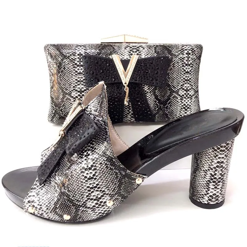 

Black elegant shoe and bag to match aso ebi african snake shoes and bag italian high quality shoes bag set SB8245-6