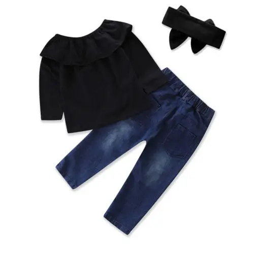 Toddler Kid Baby Girl Off Shoulder T-Shirt Tops+Denim Jeans Pants +Headband 3pcs Clothes Outfit Size 3-7T | Детская одежда и обувь