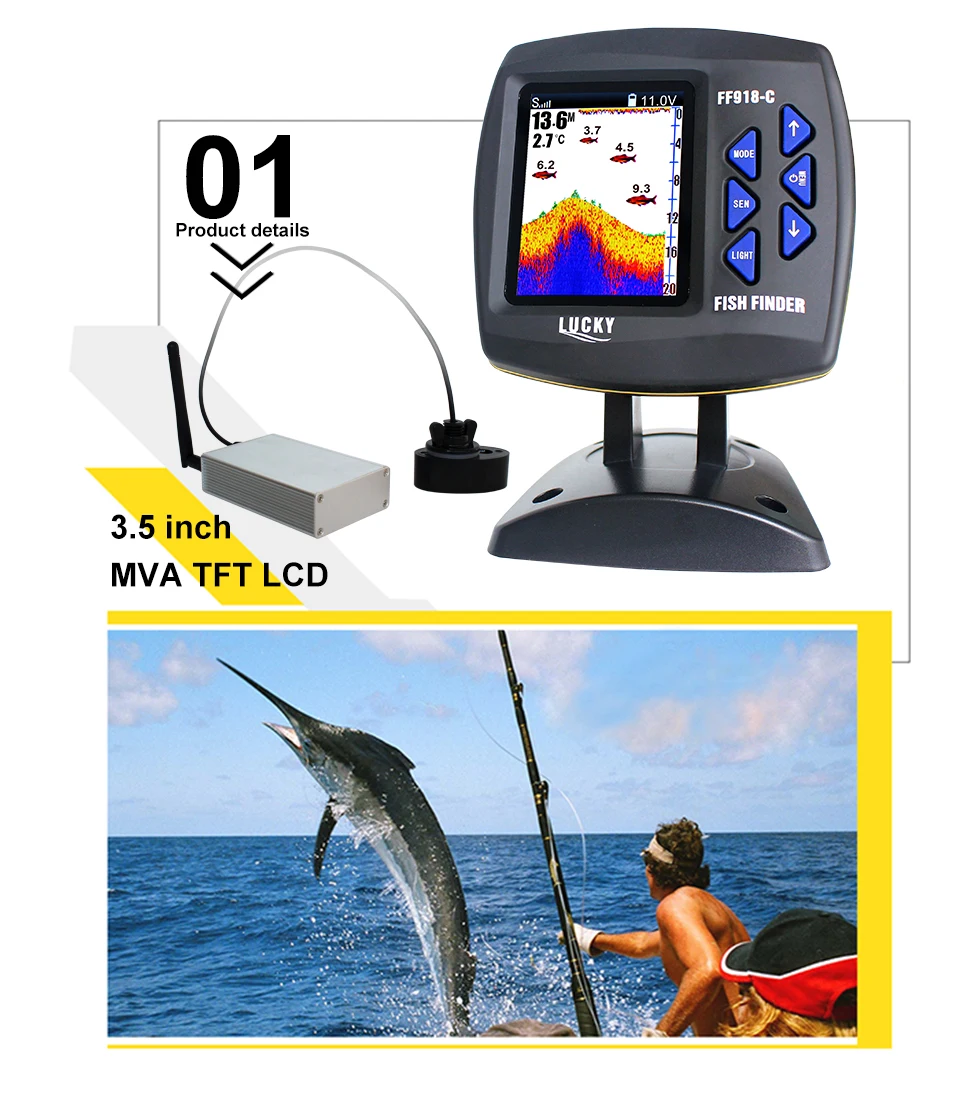 Faixa de Operação Intervalo de Profundidade de 100 Inventor dos Peixes sem Fio Sorte Ff918 cwls Versão Russa Display Colorido Barco 300 m m 5 barco peixe localizador faixa de operação sem