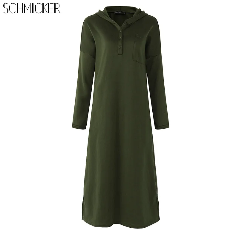 

SCHMICKER Women Long-Sleeved Solid Loose Hooded Sweatshirt Dress Vestido Female Vintage Long Hoodies Sweat Dress Baggy Kaftan