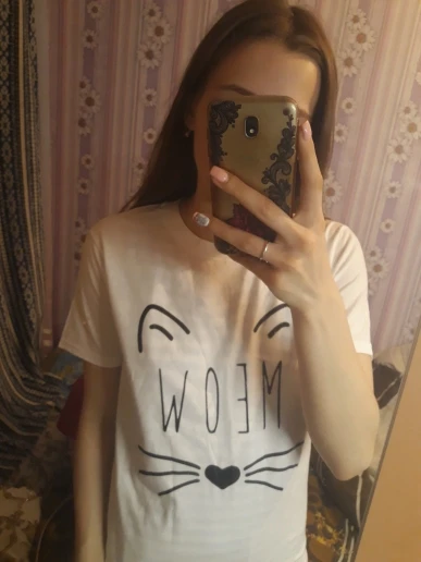 100% Cotton Meow Print Women Cat T Shirt