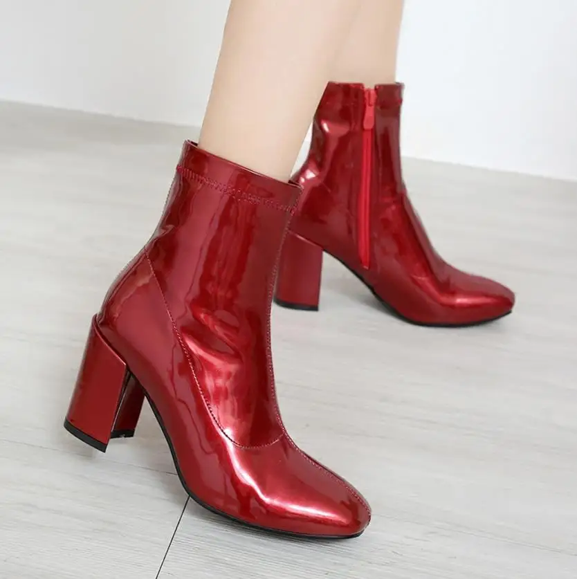 

Spring and Autumn personality square head knight boots fashion lacquer zipper black red high heel thick with short boots women's