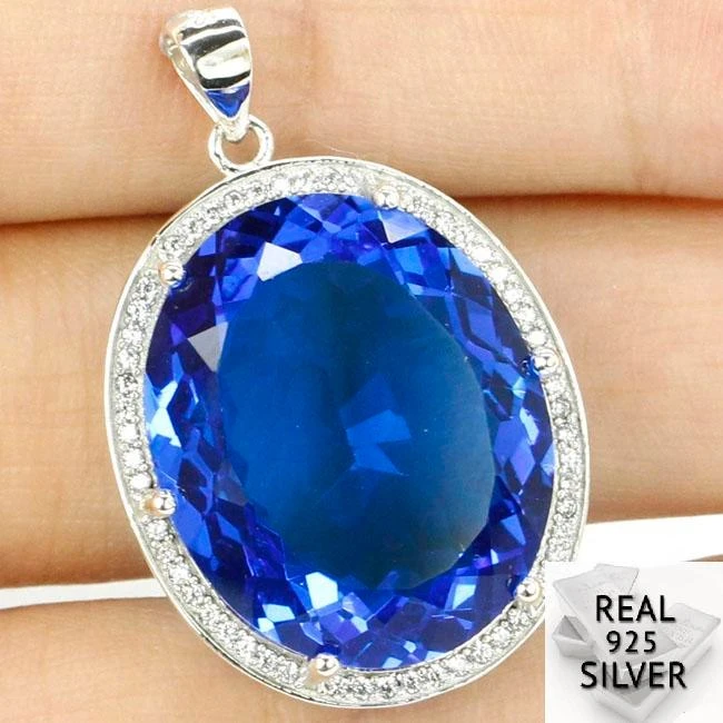 

Real 925 Solid Sterling Silver 7.9g Big Heavy Gem Oval 22x18mm Paris Blue Topaz CZ Ladies Pendant 32x22mm