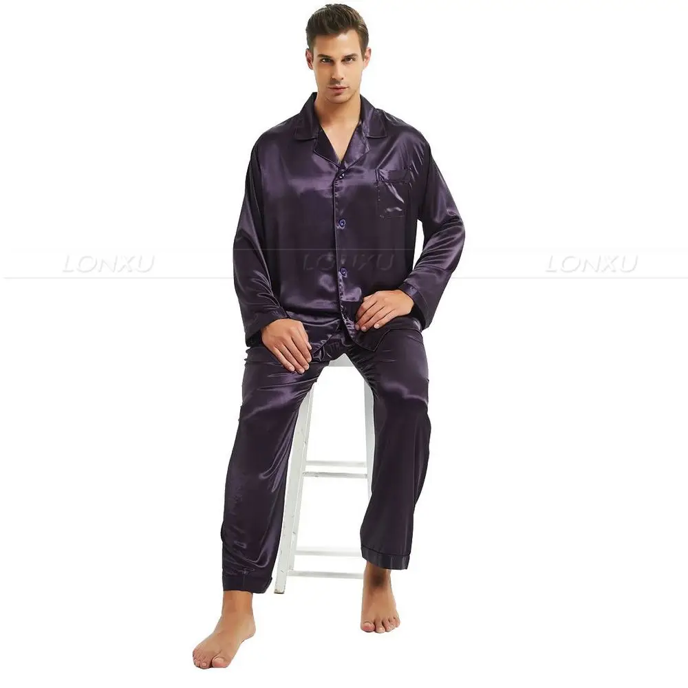 Мужская шелковая атласная пижама набор пижамный комплект Пижама домашняя одежда S, M, L, XL, 2XL, 3XL, 4XL размера плюс_ подходит для всех сезонов - Цвет: Purple