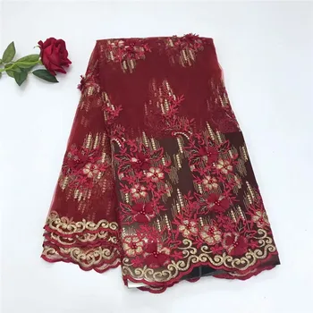 

Latest African Net Lace Wine/Gold Nigeria Embroidered 3d Flower Tulle Lace Fabric Beaded Lace Fabric For Bridal X1046-1