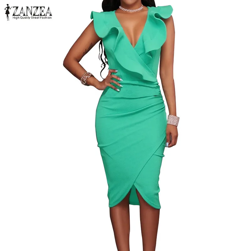 

2019 Summer ZANZEA Women Sexy Bodycon Dress Ladies V Neck Sleeveless OL Office Pencil Ruffles Package Hip Vestidos Plus Size