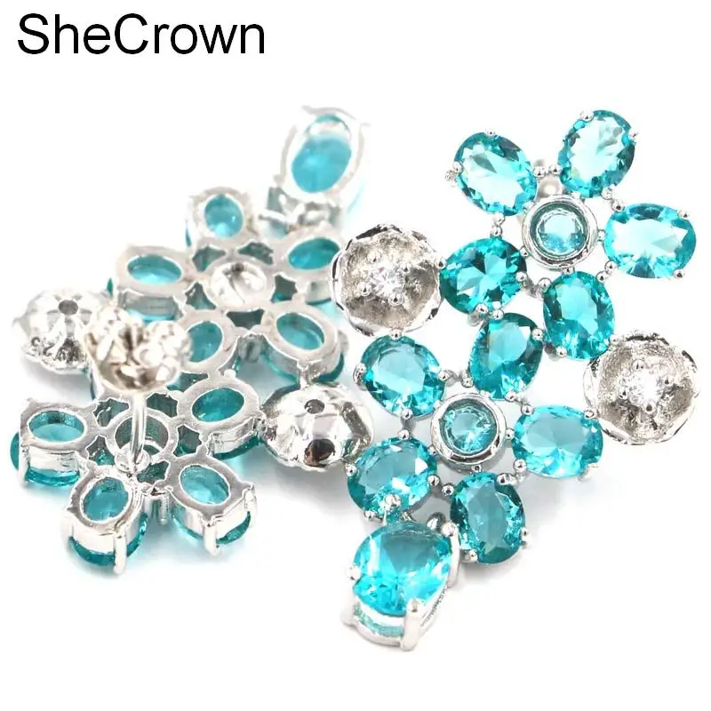 

Pretty Flower Created Rich Blue Aquamarine Flower Gift For Girls Silver Earrings 33x26mm