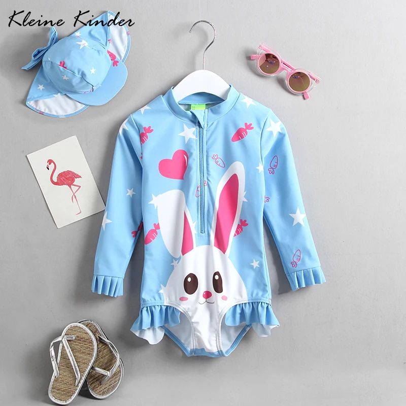 

Swimwear for girls cartoon rabbit blue one pieces children swimsuit sun protection long sleeve rashguard baby girl bathing suit