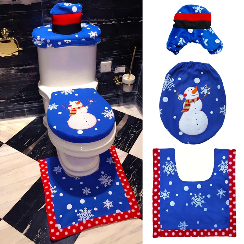 

3PCS/Set Christmas Snowman Bathroom Set Toilet Seat Cover Rug Toilet Tank Cover Household Decoration Toilet Foot Pad Seat Cover