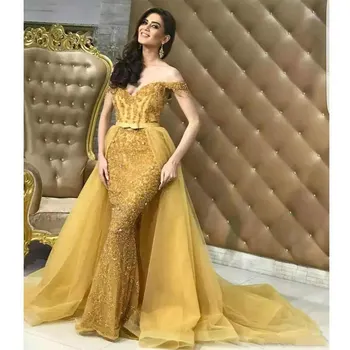 

Gold Mermaid Evening Dress 209 With Tulle Glittering Sequins Beaded Off Shoulder Celebrity Prom Gowns Formal Party Dress