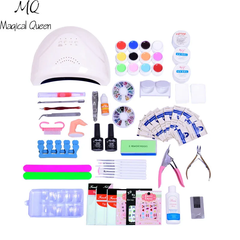 

48W UV LED Lamp Nail Set & 12 color acrylic nail kits uv extension gel set kit nail art manicure tools sets kit