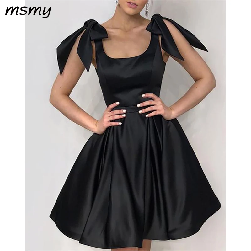 Elegant Bow Shoulders Ruffles Satin Homecoming Dresses--