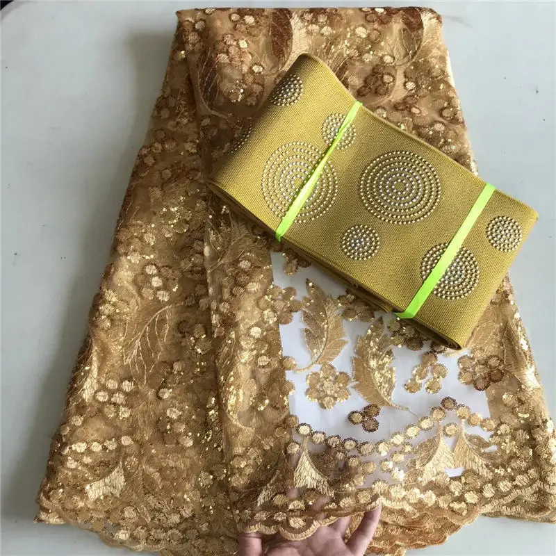 

Gold Color High Quality African French Lace Matching Aso Oke Headtie Tulle Net Lace French Wedding Fabric With Headtie 30