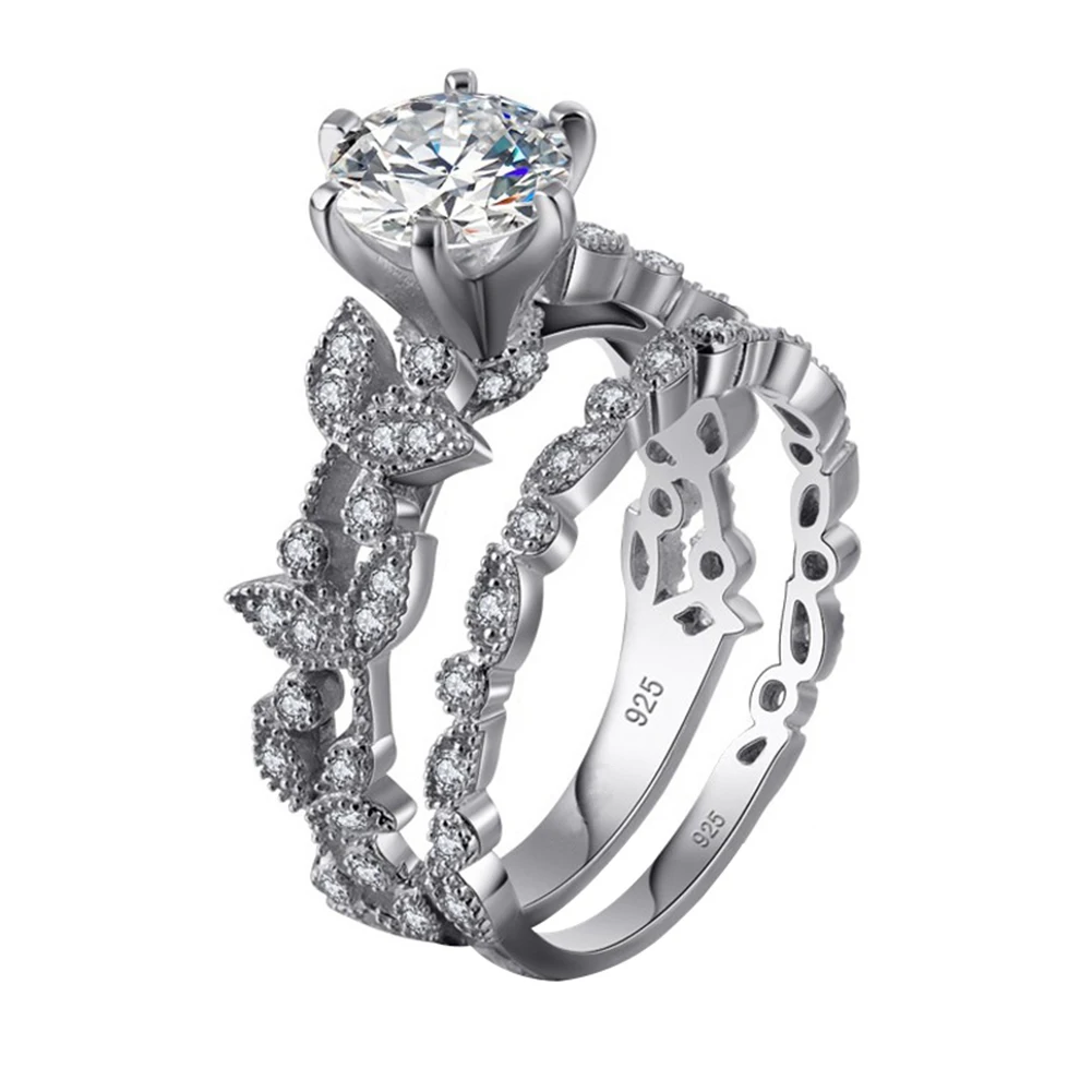 2 in 1 Leaf Design Shiny Zircon Finger Ring Set Luxury Women's Wedding