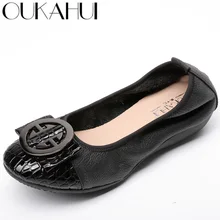 Oukahui размера плюс весенняя женская обувь из натуральной кожи Туфли без каблуков с бантом украшения из металла Лоферы без застежки Женская дышащая обувь на плоской подошве