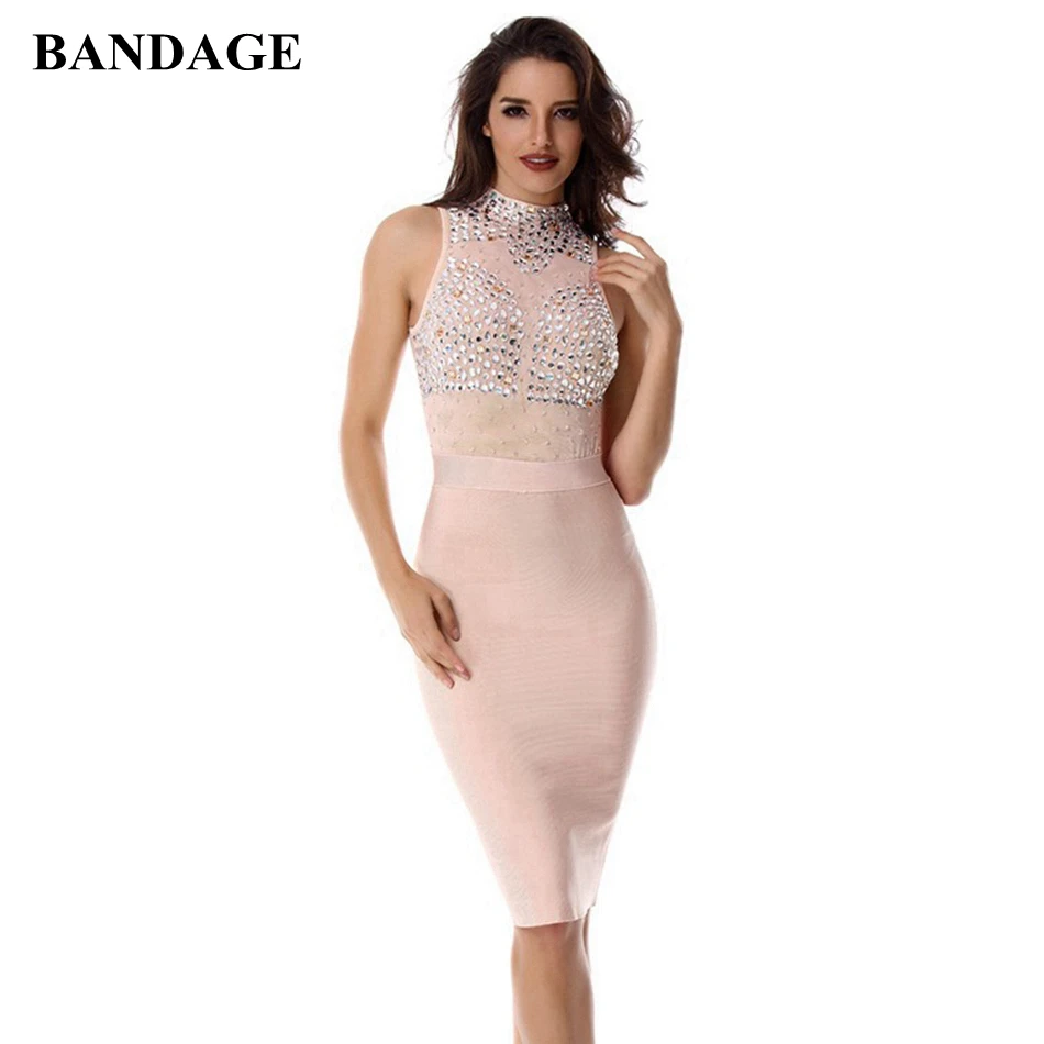 

2018 New Design Diamonds Women Bandage Dress Crop Top Sleeveless Luxurious Midi Dresses Celebrity Party Club Bodycon Vestido