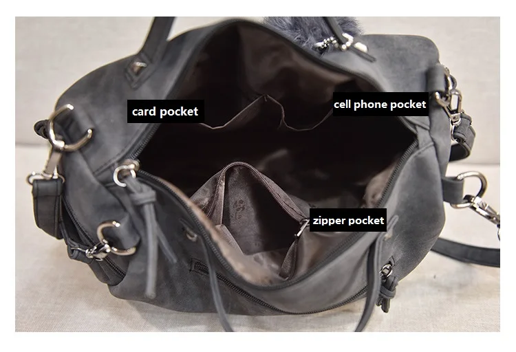 MJ Brand Design Women Handbag Fashion Suede Leather Top-Handle Bags Hair Ball Rivets Shoulder Bag Large Motorcycle Messenger Bag (29)