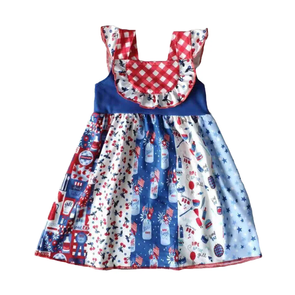 

New design kids fashionable boutique clothing milk silk sleeveless beautiful printed Independence day girls dress
