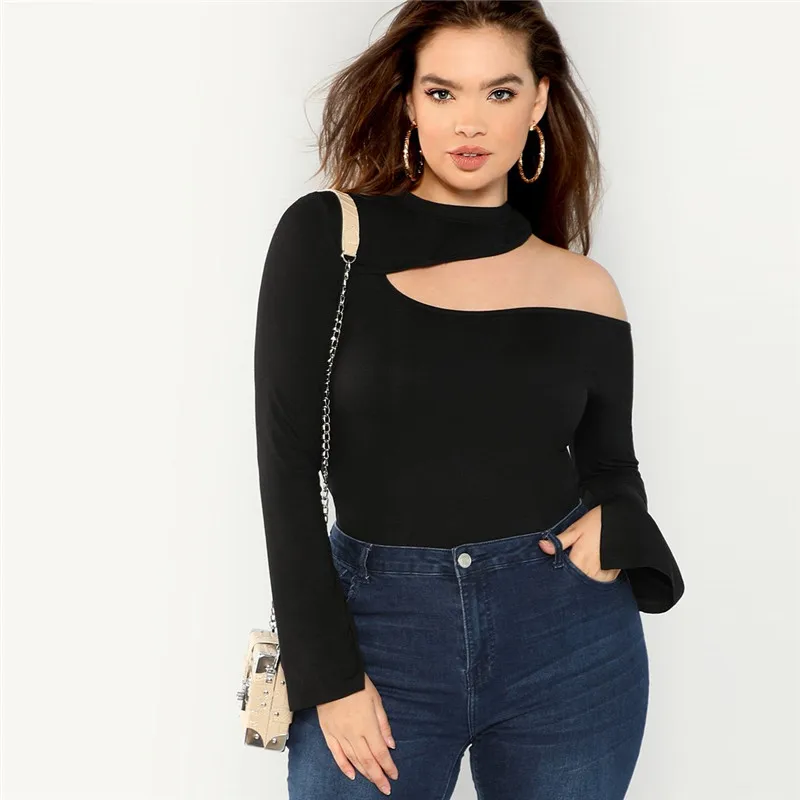 Black Sexy Cut Out Asymmetrical Neck Plus Size Top Tee Stretchy Long ...