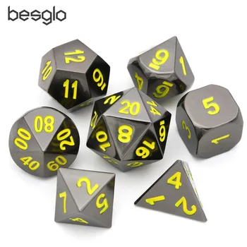 

Black Chrome Metal RPG Dice with Yellow Numbers for Dungeons and Dragons RPG Dice Gaming and Math Teaching Dice Pouch