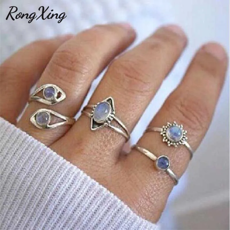 RongXing 4 шт./компл. геометрические кольца с белым огненным опалом наборы для женщин