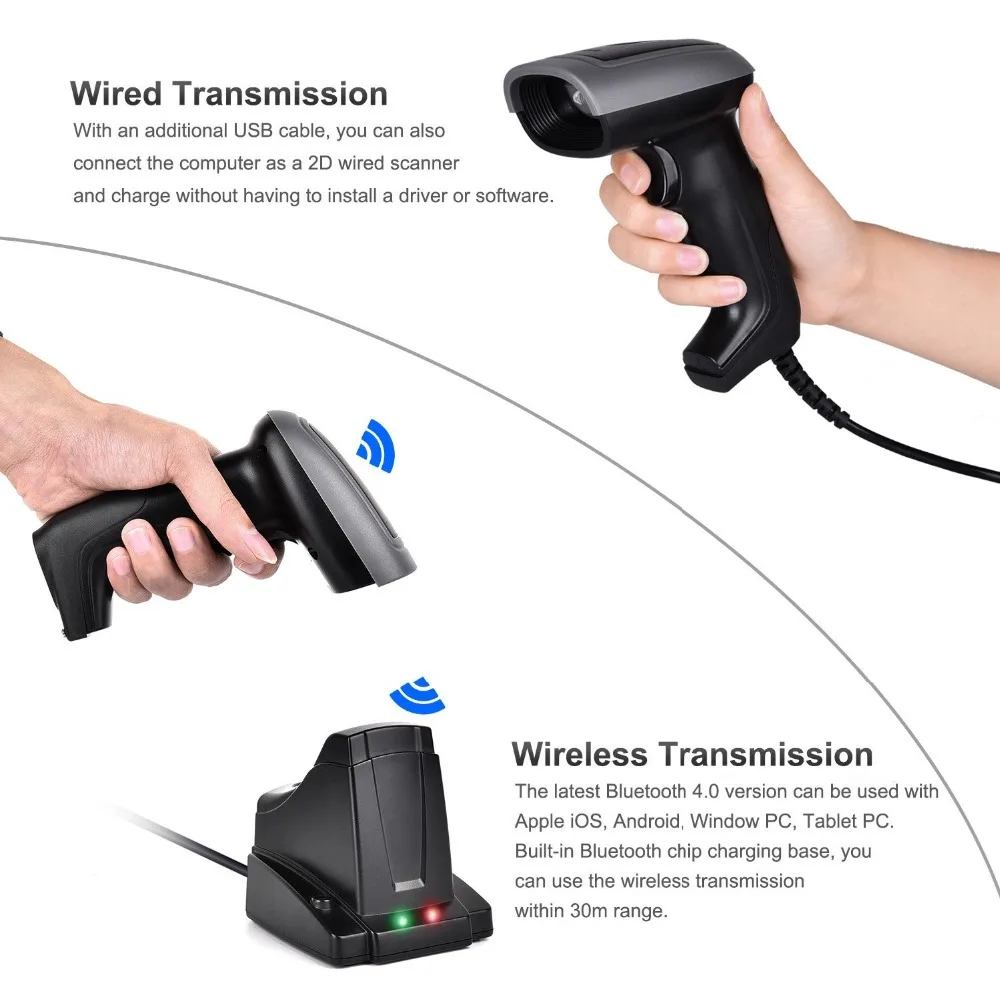 يده ماسح الرمز الشريطي بتقنية bluetooth اللاسلكية 2D QR الباركود قارئ 2 في 1 التلقائي الباركود ماسح ضوئي أندرويد فون ويندوز PC
