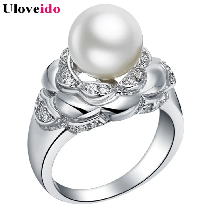 

Uloveido Simulated Pearl Rings Zircon Silver Color Engagement Rings Beautiful Round Big Ring 2017 Jewelry Gift DropShipping J382