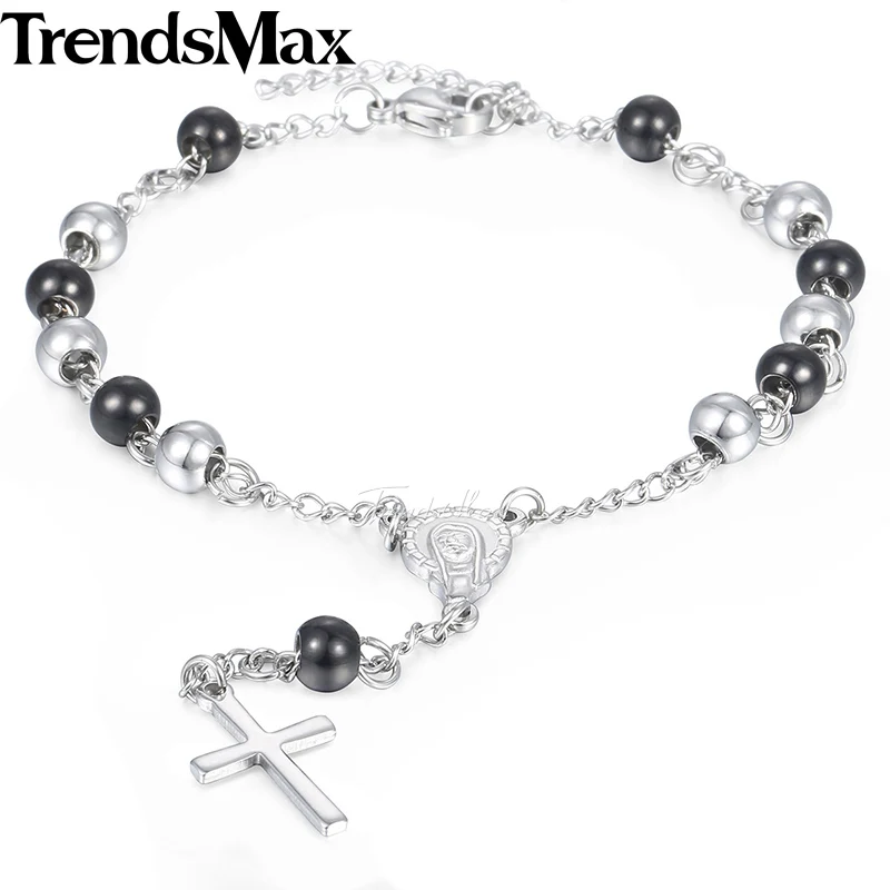 Trendsmax Virgin Mary Cross Charm Rosary Bracelet Womens Chain