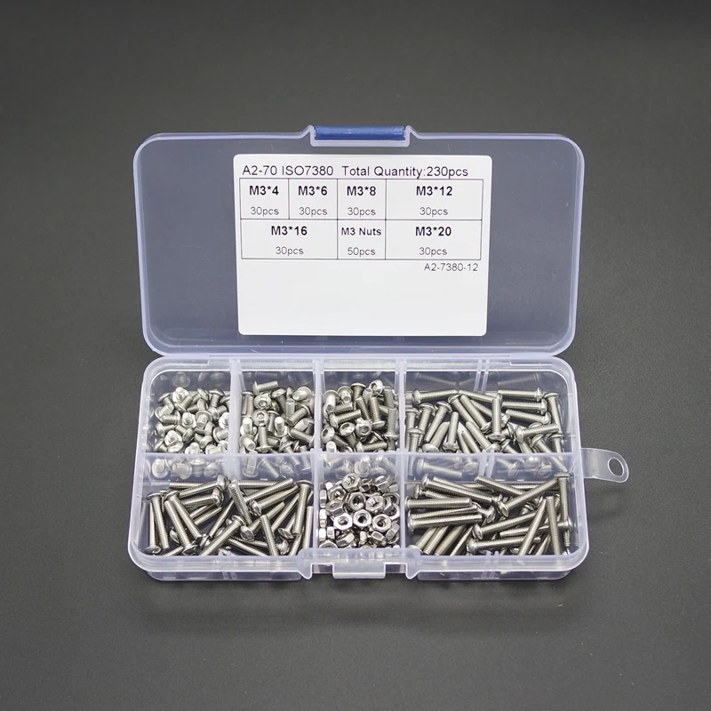 

230Pcs M3 Stainless Steel Allen Hex Drive Button Head Socket Cap Bolts M3