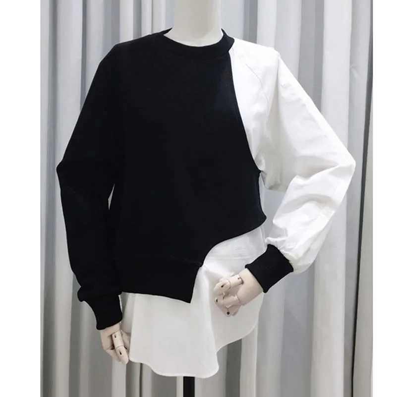 

NiceMix 2019 New Spring Summer Round Neck Long Sleeve Hit Color Black Loose Ribbon Big Size Sweatshirt Women Fashion Tide