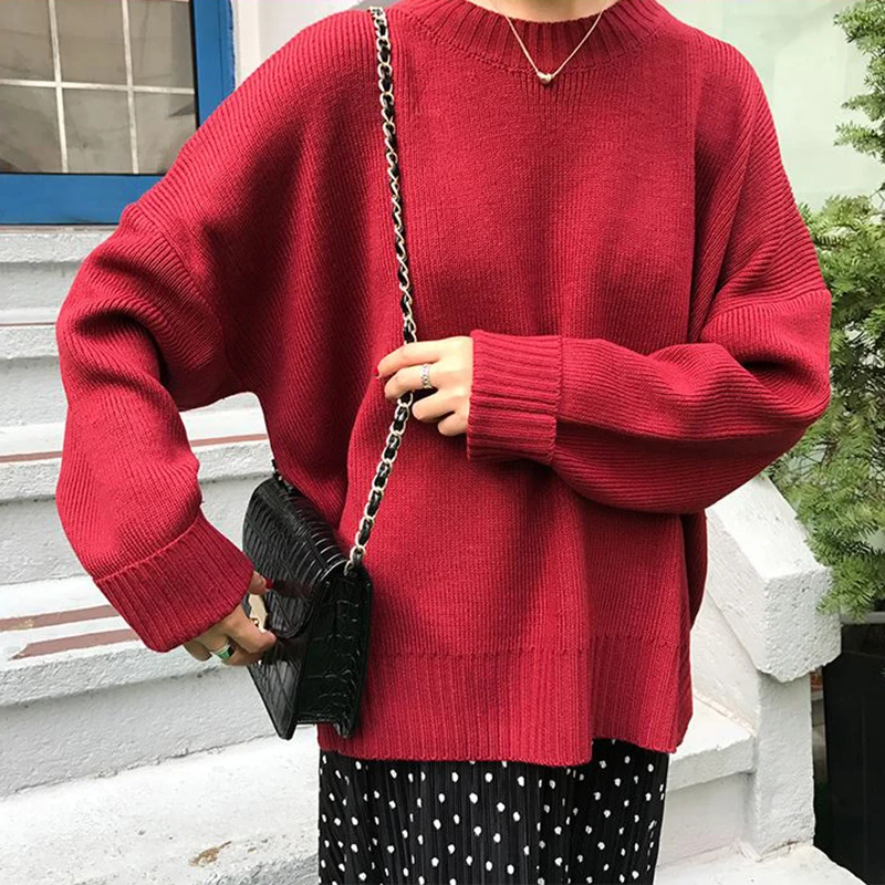 Корейская версия, Женские базовые свободные пуловеры большого размера,, одноцветные, круглый вырез, длинный рукав, вязаный свитер