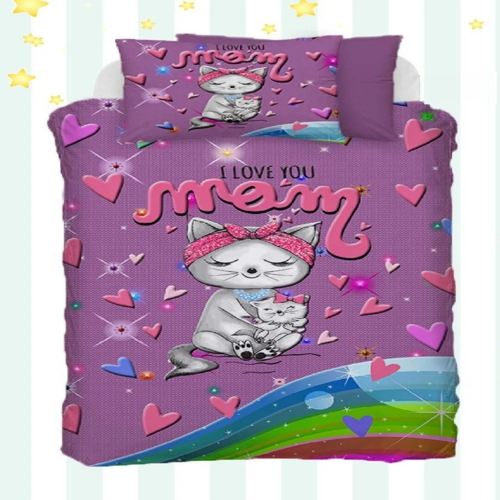 Else 4 шт. «Love You Mom» фиолетовое розовое сердце кошки Котенок 3D печать хлопок сатин детское пуховое одеяло покрытие постельных принадлежностей наволочка для подушки Кровать Лист