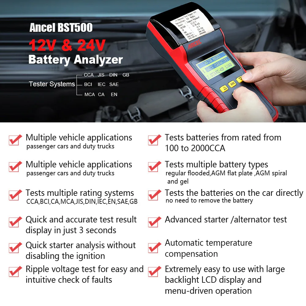 Ancel BST500, 12 В, 24 В, тест на батарею автомобиля, er с термопринтером, анализатор батареи для тяжелых грузовиков, тест на батарею, диагностический инструмент