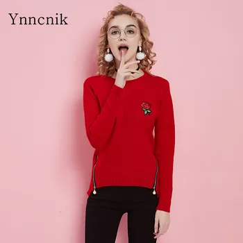 

Ynncnik Women Red Knitted Pullovers Sweet Flower Embroidery O-Neck Sweater Casual Zipper Beading Patchwork Jumper S1015