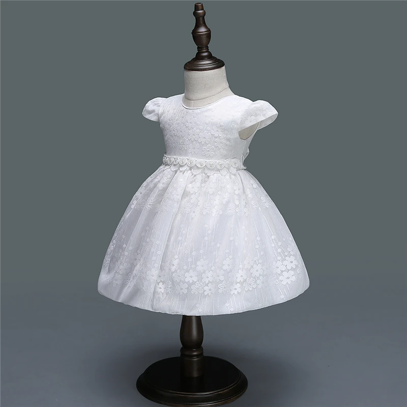 

Baby Girl Dress 2018 White Flower Cute Princess Party Dresses 1 Year Birthday Dress O-Neck Infant Christening Gowns