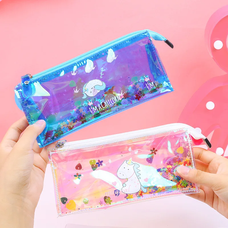 

Unicorn Laser Pencil Case Cute Shiny Transparent pencilcase Stationery Pouch Storage Organizer pen bag for Girls School Supply
