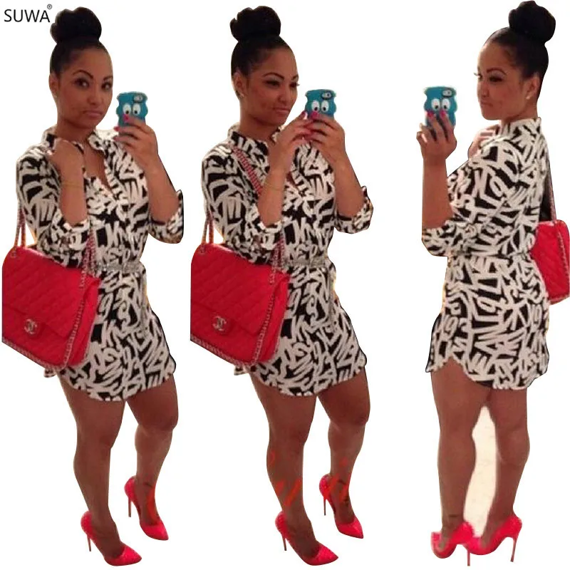 

Summer New Arrive Women Shirt Dress Long Sleeve Geometric Print Sexy Dress Casual Vestidos Robe XM057