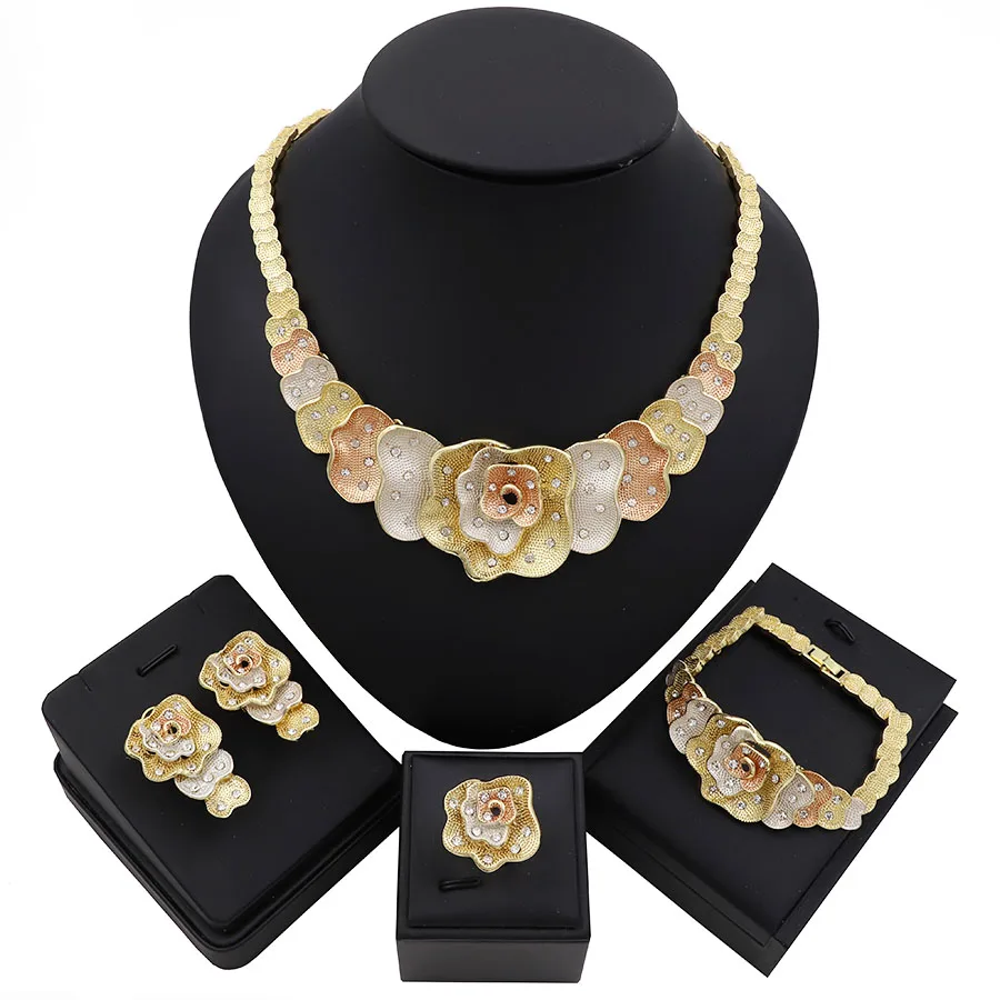 

TSROUND Dubai Gold Jewelry Sets for Women Ngerian Bridal Three Tones Ensemble Bijoux Necklace Earring Set