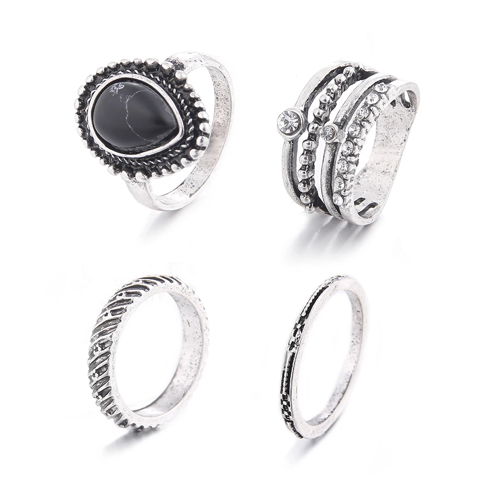 

Lureme Vintage Retro Black Stone Crystal Joint Knuckle Nail Ring Set of 4pcs for Women Waterdrop Rings (rg001821)