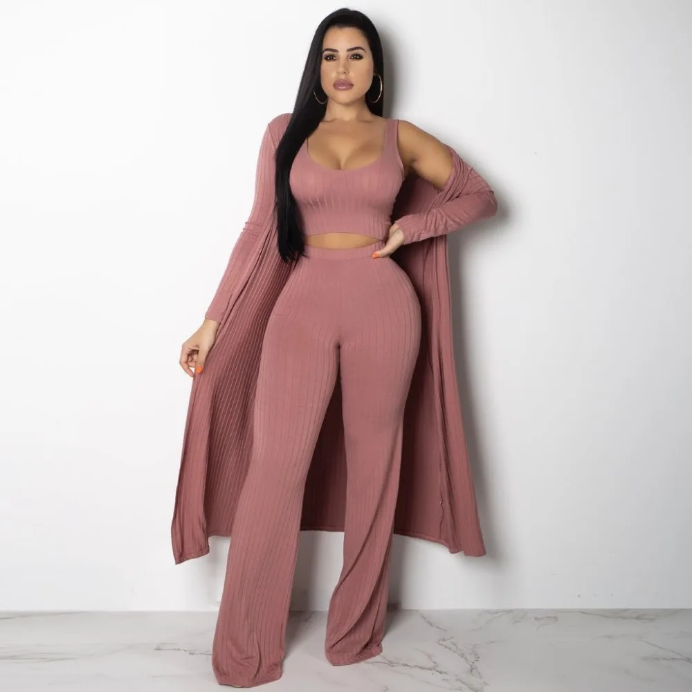 2018 Autumn Winter Rib Knit 3 Piece Set Women Cardigan+Cami Vest+Long