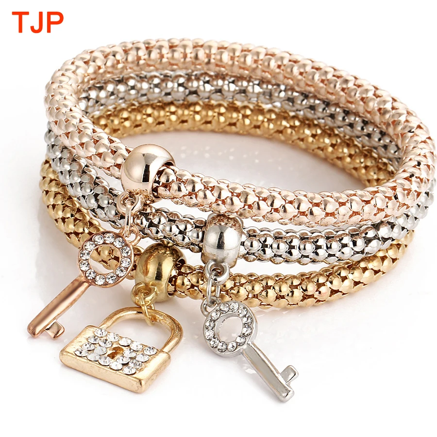 Buy TJP New 3Pcs Gold Color Keys Locks Charms Elastic