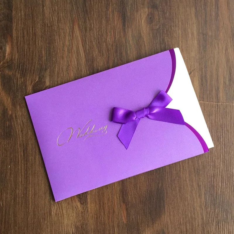  L008 Elegant Wedding Invitation card classic desing while color with satin bow 10 pcs per pack. - 32975231776