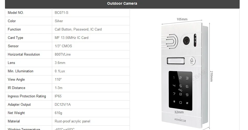 HOMSECUR " проводной видео домофон телефонный звонок системы домофон+ пароль и RFID BC071-S доступа+ BM715-S