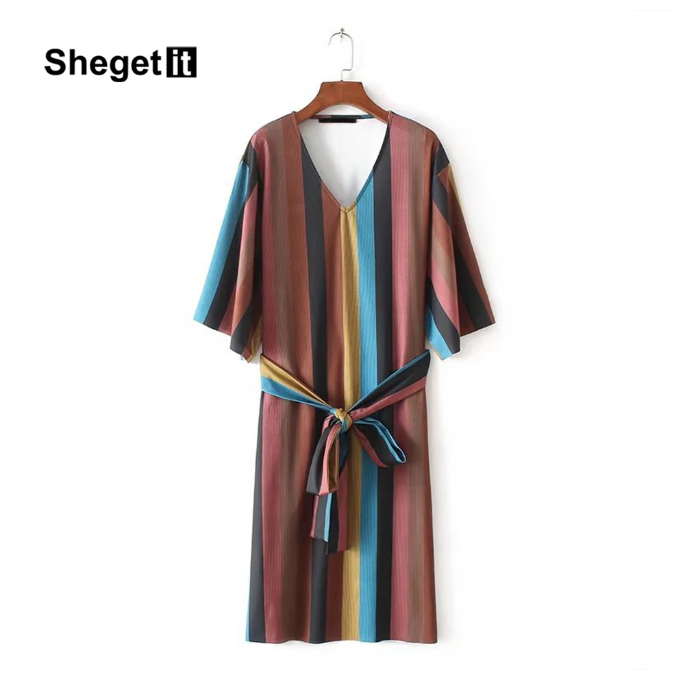 Shegetit Цвет Полосатом Платье Женщины Платья Элегантные Старинные Повседневная