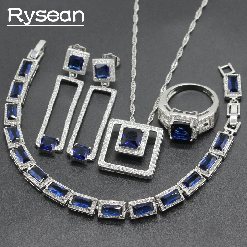 

925 Silver Jewelry Sets Square Shape Dark Blue White Zirconia For Women 4PCS Necklace Pendant Bracelet Ring Long Earrings
