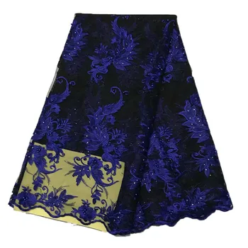 

High Quality Embroidered Net Lace Royal Blue African Wedding Tulle Lace Fabric With Beaded And Stones X725-5