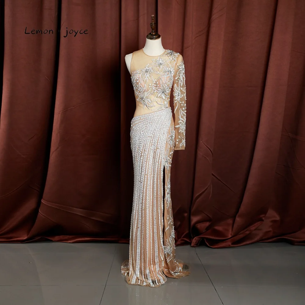 

Lemon joyce 2019 New Style Evening Dress O-neck One Shoulder Full beading Front Long Slit Floor Length Women Party Prom Gown